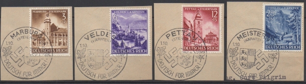 Michel Nr. 806 - 809, Eingliederung von Teilgebieten Österreichs u. Slowenien auf Briefstück.